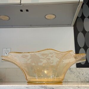 Centerpiece Console Topaz Yellow Depression Glass Large 13.25” W Vintage Etched